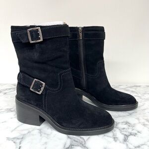 Vince Camuto Suede Leather Buckle Moto Boot Vergila Black Verona Women’s 7-7 1/2